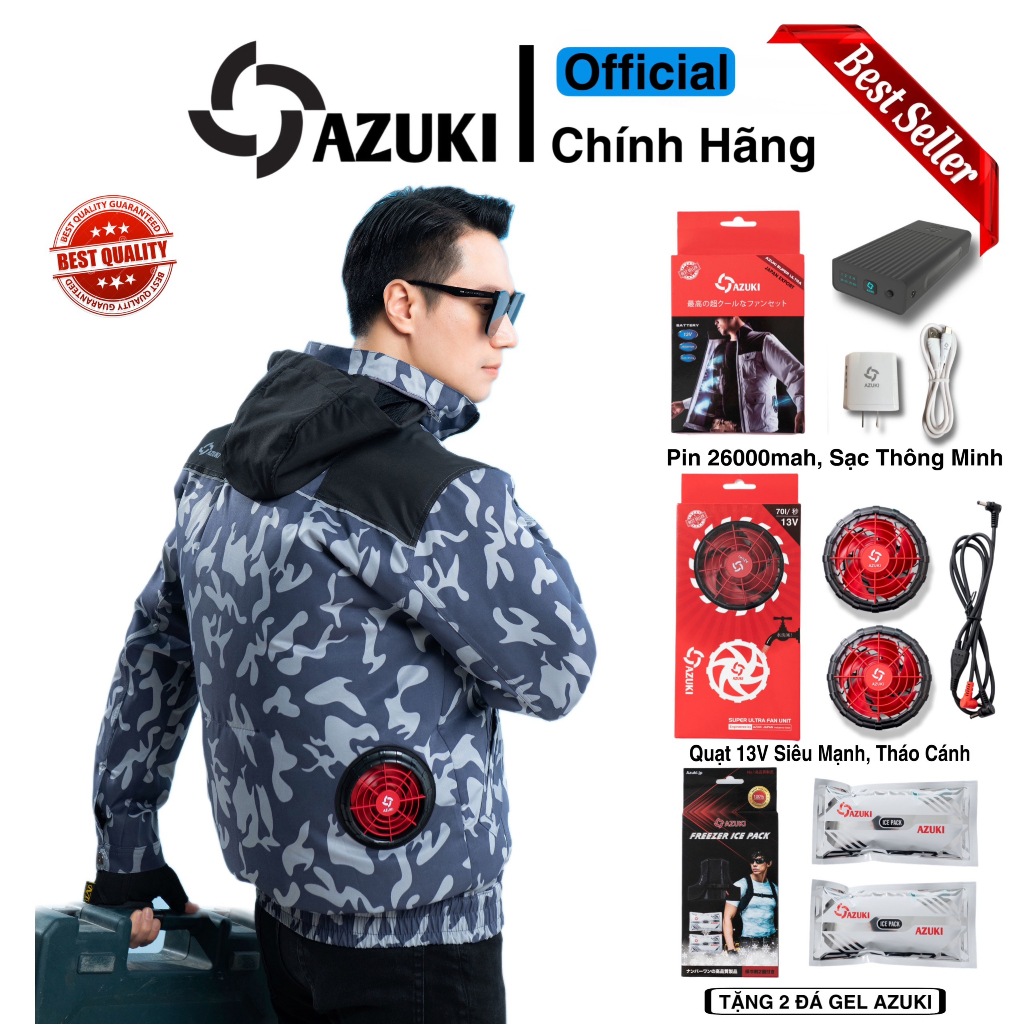 Áo điều hòa AZUKI ULTRA 2023 pin 26000mah, quạt 13v