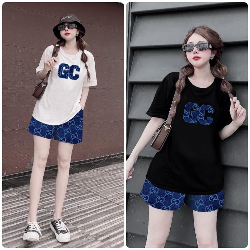 Set Bộ Đùi Áo Thun Cotton Thêu Đắp Kí Tự Phối Quần Vải Bố Cứng Cáp Đứng Quần Đẹp Dáng Cao Cấp