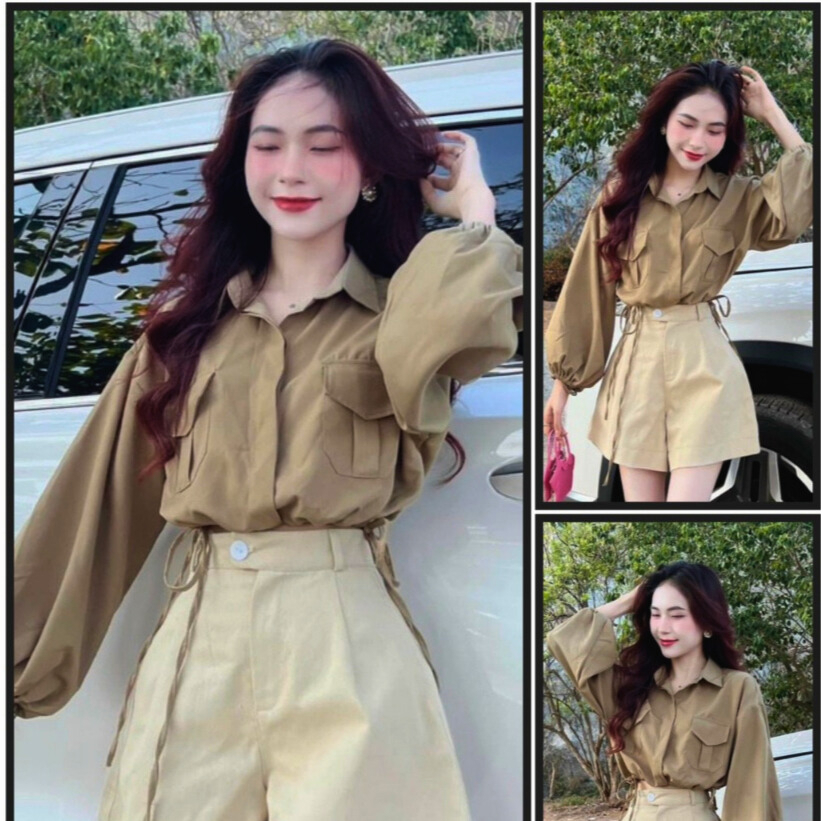 Set đồ nữ cá tính áo somi tay dài cột nơ xinh xắn mix quần đùi ống rộng basic thời trang dạo phố, du lịch, hẹn hò