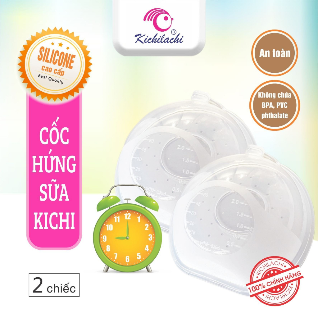 Hộp 2 cốc hứng sữa, phễu hứng sữa chống tràn Kichilachi silicon cao cấp, nhựa PP an toàn tiện lợi