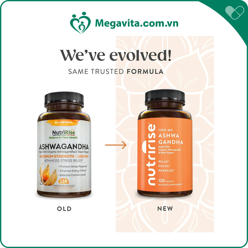Viên Uống Giảm Căng Thẳng Tăng Cường Năng Lượng NutriRise Organic Ashwagandha 120 viên