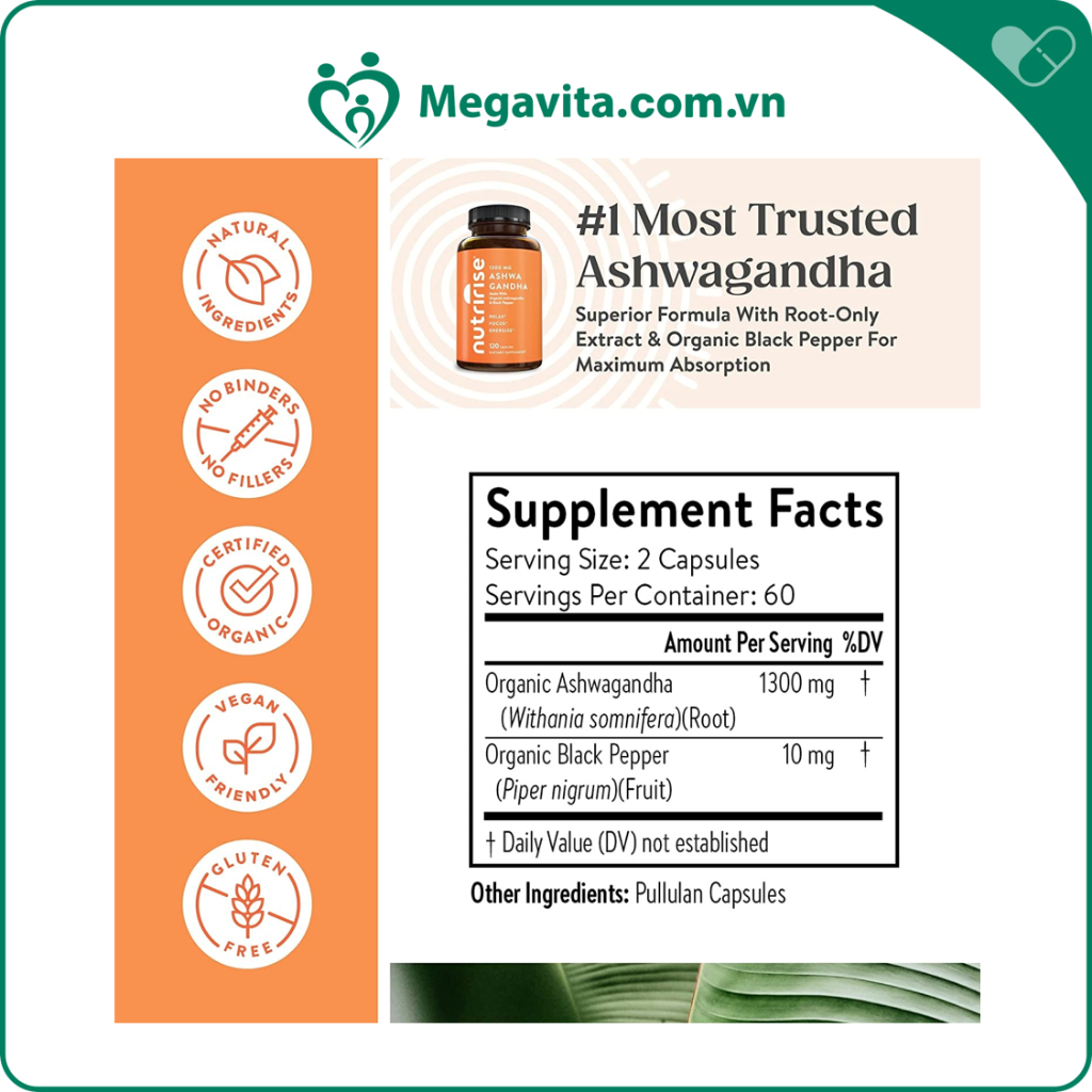 Viên Uống Giảm Căng Thẳng Tăng Cường Năng Lượng NutriRise Organic Ashwagandha 120 viên