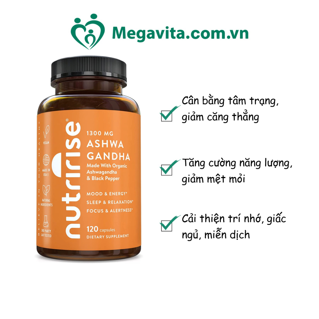 Viên Uống Giảm Căng Thẳng Tăng Cường Năng Lượng NutriRise Organic Ashwagandha 120 viên