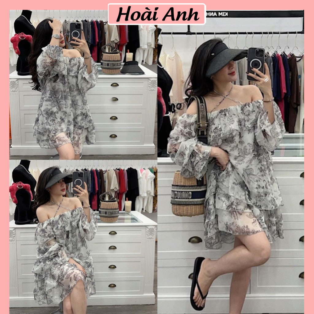 Váy Tơ Trễ Vai Bèo Dây Buộc Đầm Họa Tiết Hoa Lá Tiểu Thư Xếp Tầng ó Lót Trong Đi Biển Freesize