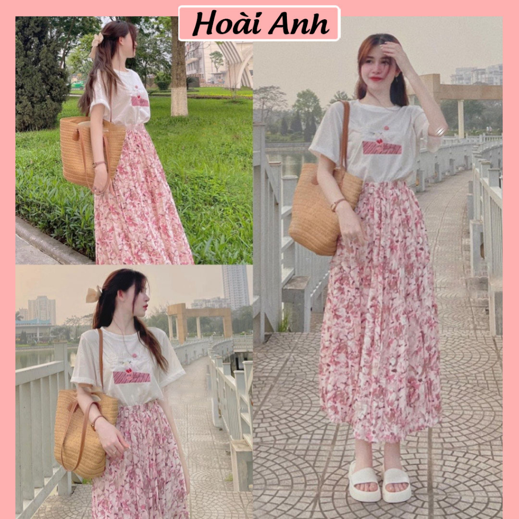 Set Bộ Đồ Nữ Áo Phông Trắng Mix Chân Váy Hoa Hồng Thô Lụa Dáng Dài Freesize