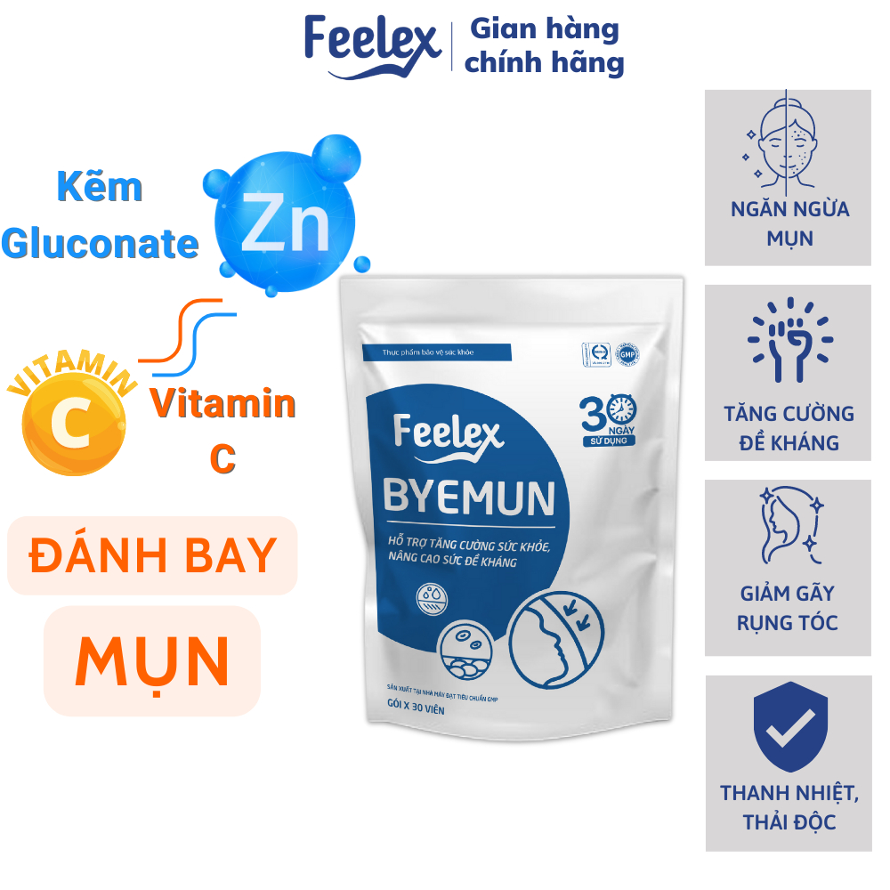 Viên uống Feelex Byemun Giảm Mụn Viêm,Mụn Ẩn, Thâm, Đầu Đen Cho Da Dầu Mụn Bổ sung Kẽm ZinC,vitamin C gói 30 viên