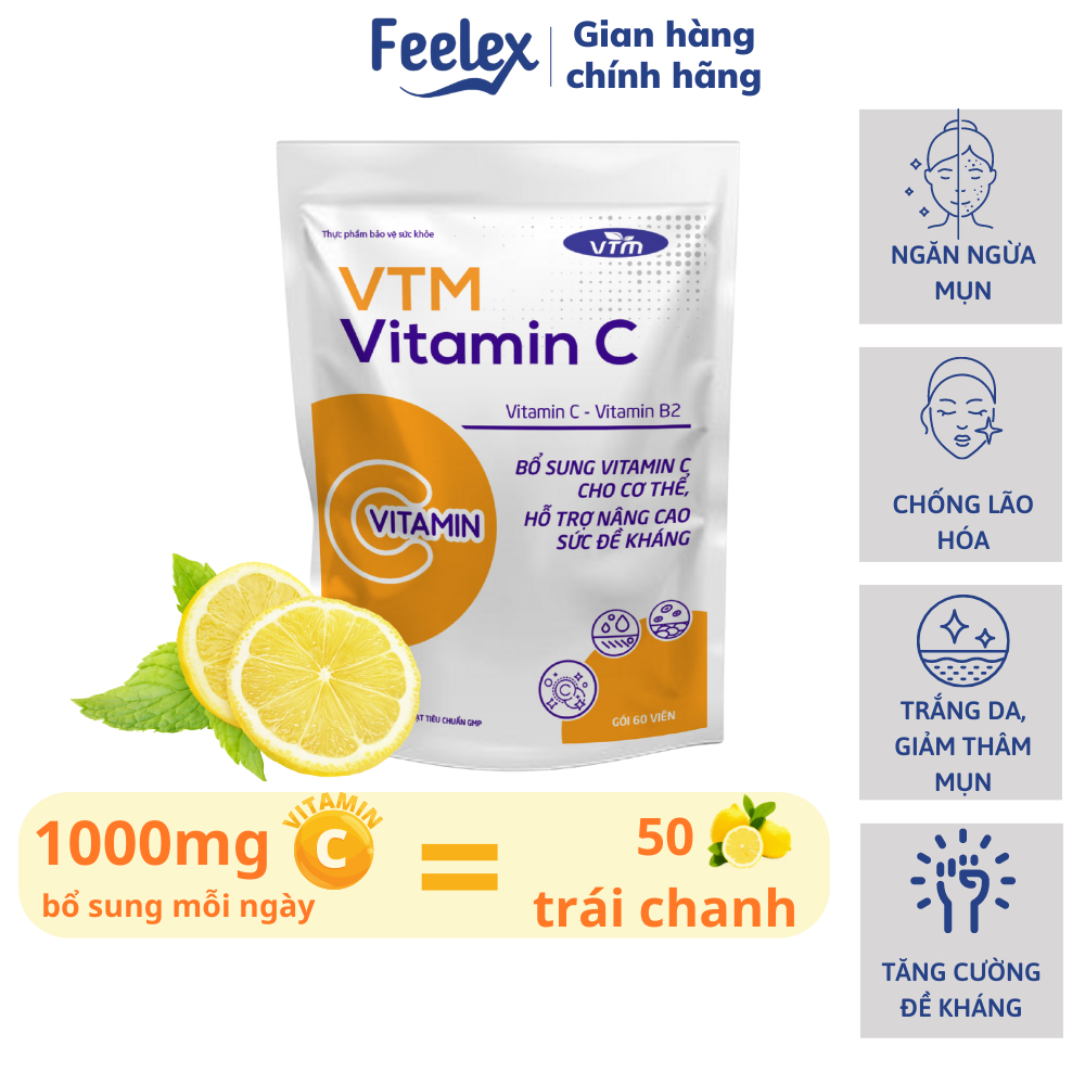 Viên uống VTM Vitamin C bổ sung vitamin C,hỗ trợ làm sáng da, mờ thâm, tăng cường đề kháng gói 60 viên (30 ngày)