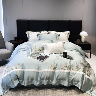 Bộ chăn ga gối Tencel 60S thêu hoa hồng xanh cao cấp