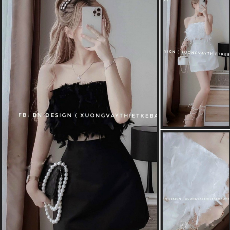 Set đồ nữ áo mix lông vũ cúp ngực xinh xắn mix chân váy chữ A dáng ngắn dành cho các nàng đi chơi, dự tiệc sang chảnh