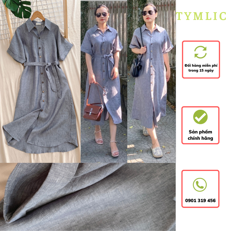 Đầm Suông Sơ Mi Kèm Đai Linen Tưng Xám Đá TYMLIC