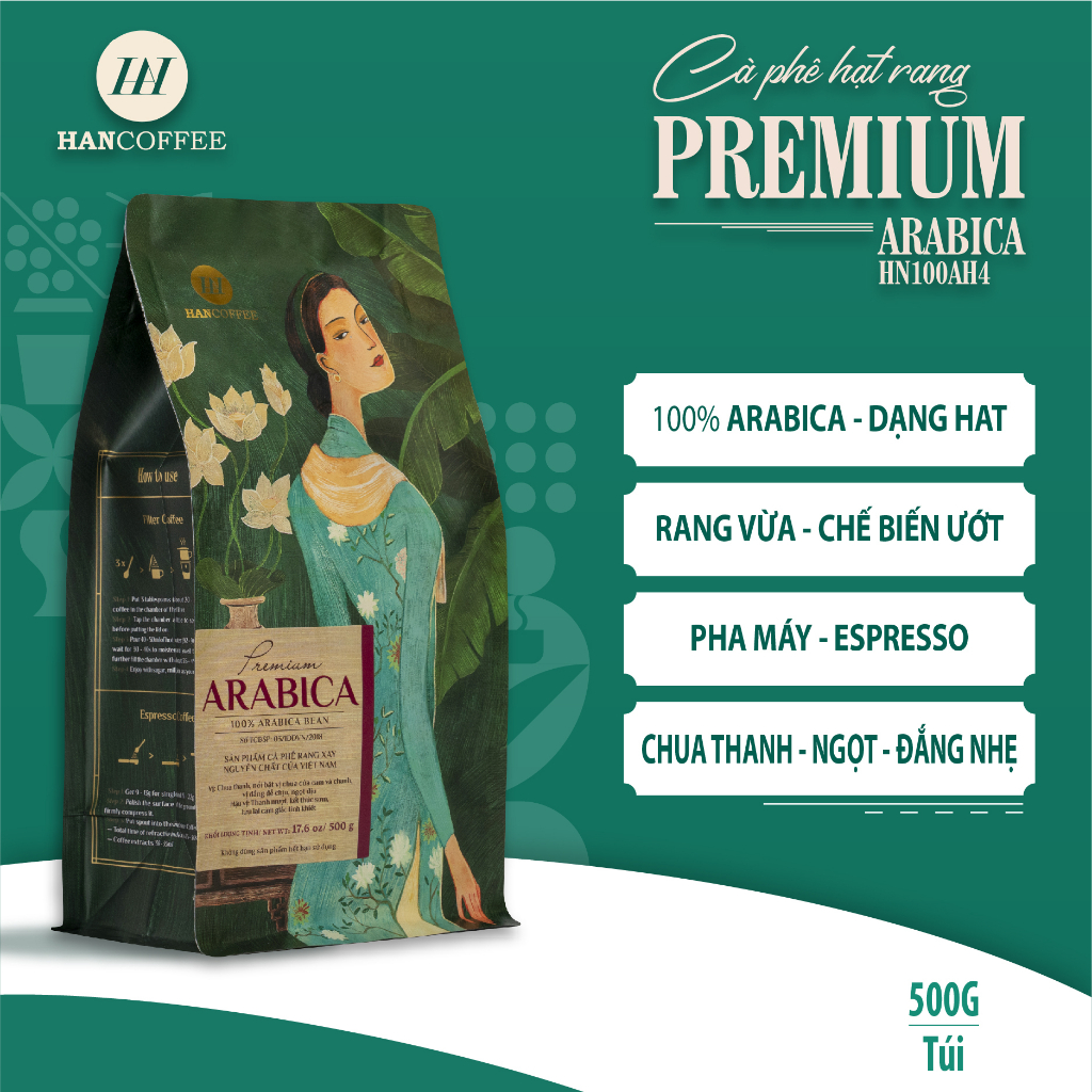 Cà Phê Pha Máy HANCOFFEE Arabica Espresso Rang Hạt Mộc Premium Mùi Vị Chua Thanh, Đắng, Ngọt Nhẹ Túi 500g HN100AH4