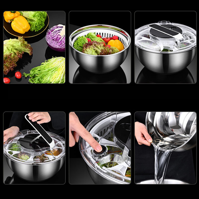 Rổ quay rau sống ráo nước, Máy vắt nước rau bán tự động 3.5L chất liệu inox 304
