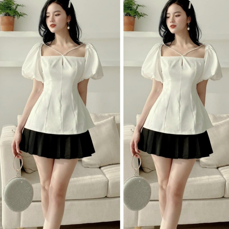 Set đồ nữa áo kiểu tay bồng cổ vuông dáng xòe đan chéo dây ngực mix chân váy ngắn xòe xinh xắn dành cho các nàng