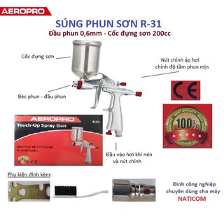 Vitule Súng phun sơn R31 AEROPRO Bầu cốc sơn 200cc sơn màu cực mịn, thợ dùng phối màu chỉnh đều màu lỗi trầy bong sơn