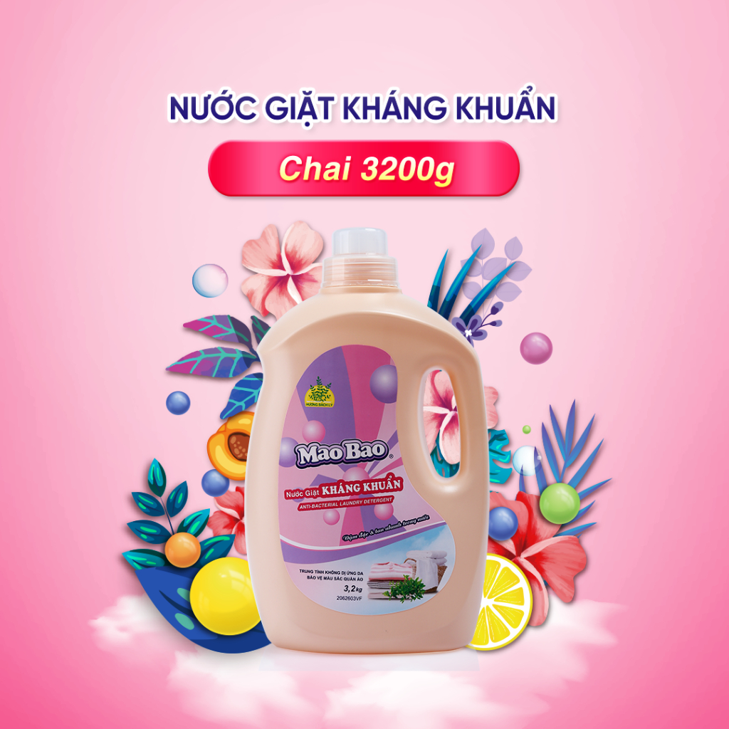 Nước Giặt Quần Áo Kháng Khuẩn Mao Bao chai 3.2kg hương hoa bách lý khử mùi, nấm mốc, dành cho da nhạy cảm