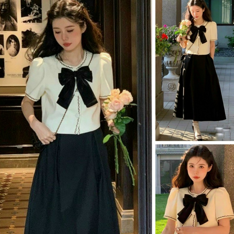 Set áo chạy viền cổ tròn tay bồng đính nơ xinh xắn mix chân váy xòe dáng dài xinh xắn dành cho các nàng