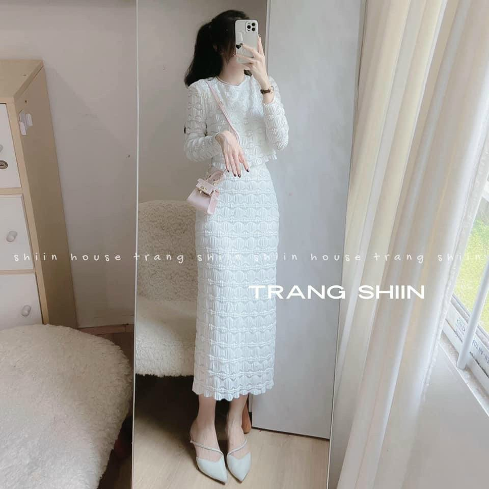 Sét Váy Thiết Kế Chất Len Ren Cao Cấp_Aó Croptop Tay Dài Mix Chân Váy Midi Thanh Lịch Tôn Dáng