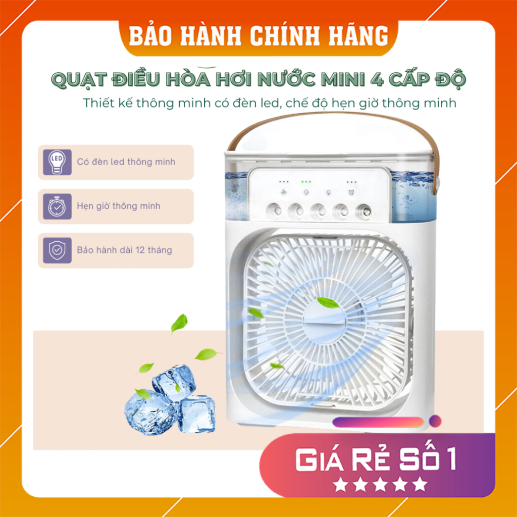 Quạt điều hoà mini, quạt hơi nước để bàn 3 chế độ gió dung tích bình chứa nước 600ml tích hợp đèn led, bảo hành 12 tháng