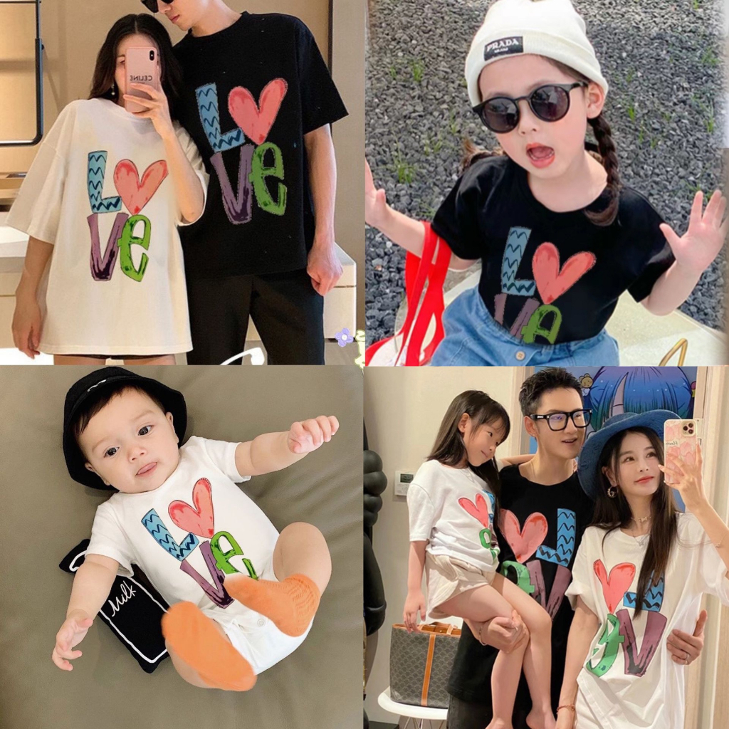 (Đen) Set bộ gia đình Hokiha Kid hoạ tiết chữ LOVE gồm 1 áo cho bố,mẹ, 1 áo cho con và 1 bộ bodysuit chất cotton mềm