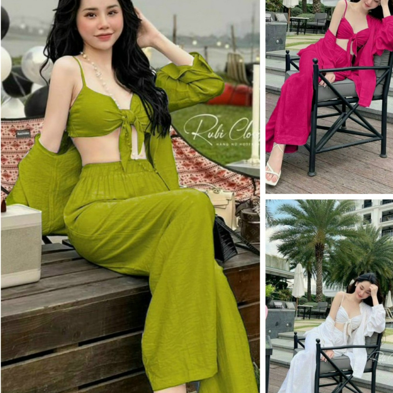 Set đồ nữ 3 món đi biển áo bra cột nơ mix áo somi tay dài và quần ống suông dáng dài sang chảnh thời trang trẻ trung