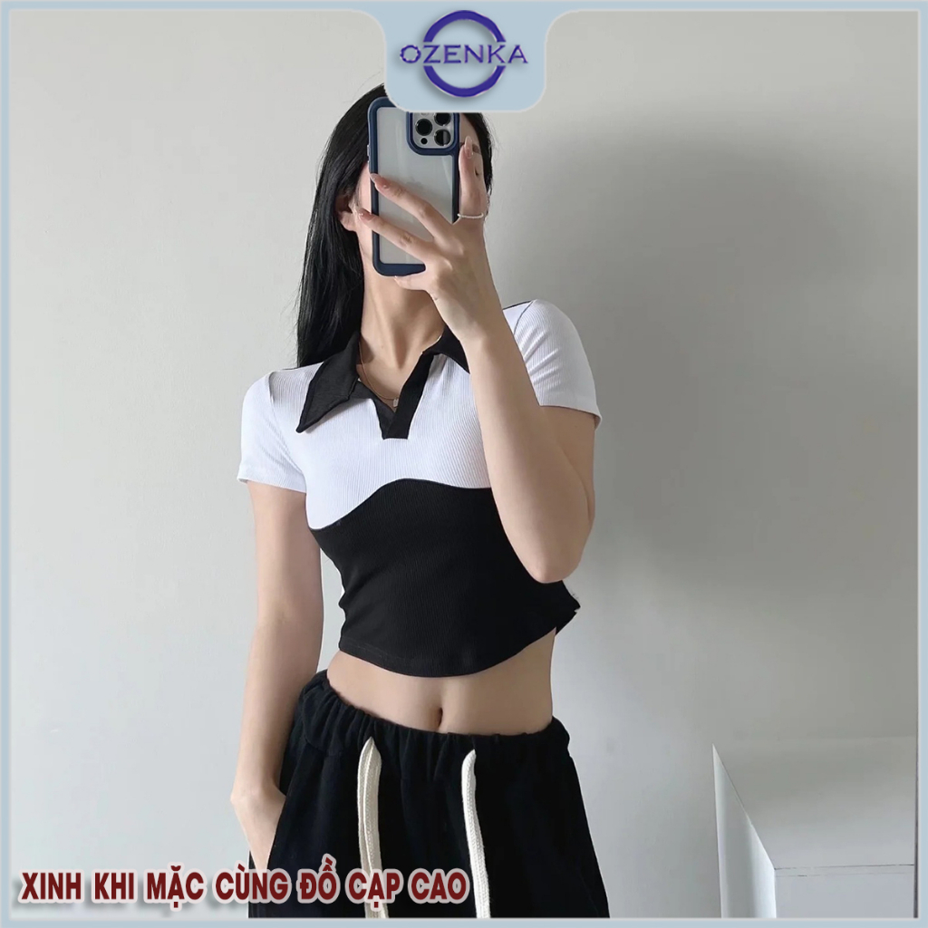 Áo croptop nữ polo ôm tay ngắn cải màu Ozenka , áo crt kiểu vạt bầu sang chảnh gợi cảm tôn dáng mặc đi học đi chơi