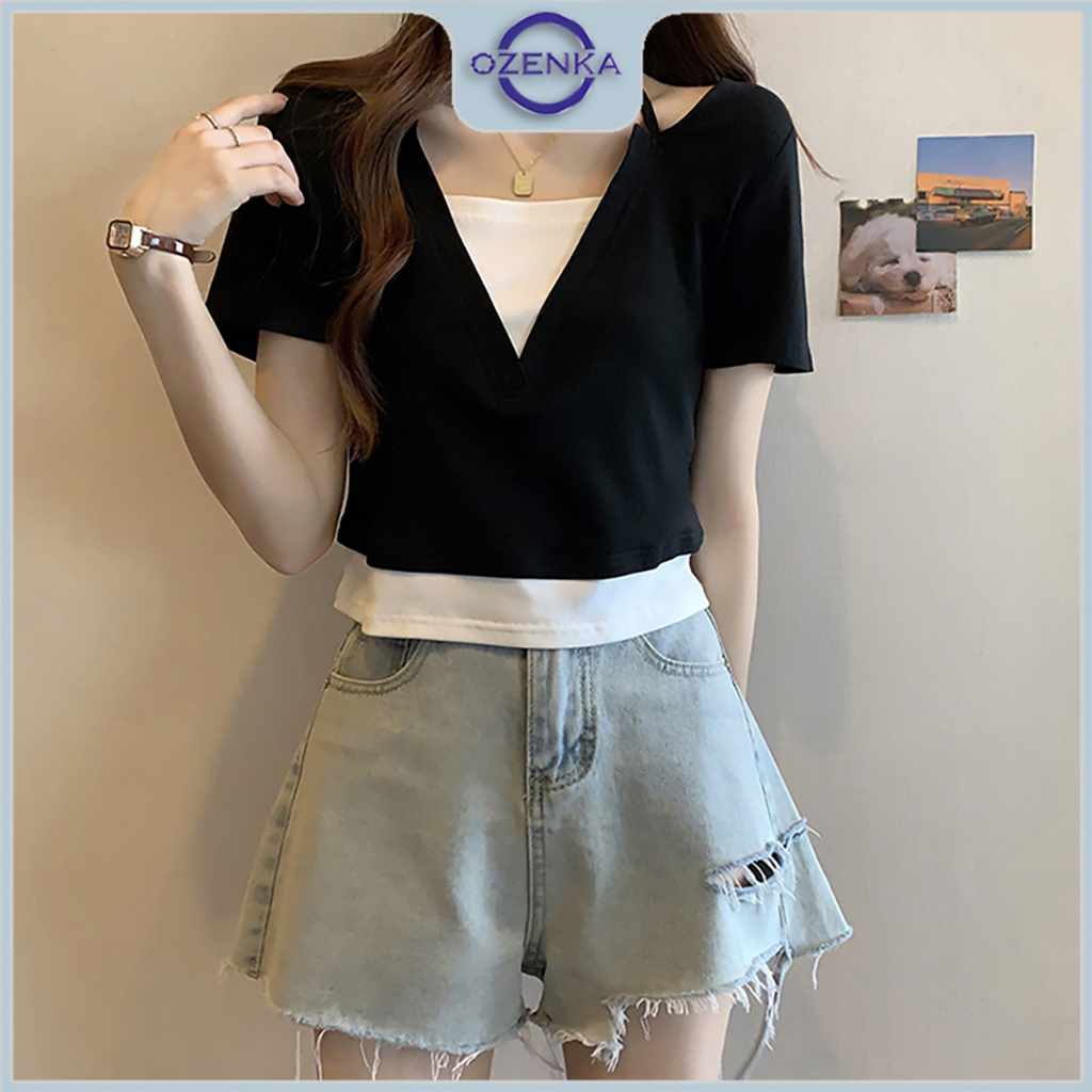 Áo croptop nữ ôm tay ngắn Ozenka , áo crt kiểu 2 lớp cải màu sang chảnh thun cotton màu đen cải trắng mặc đi học đi chơi