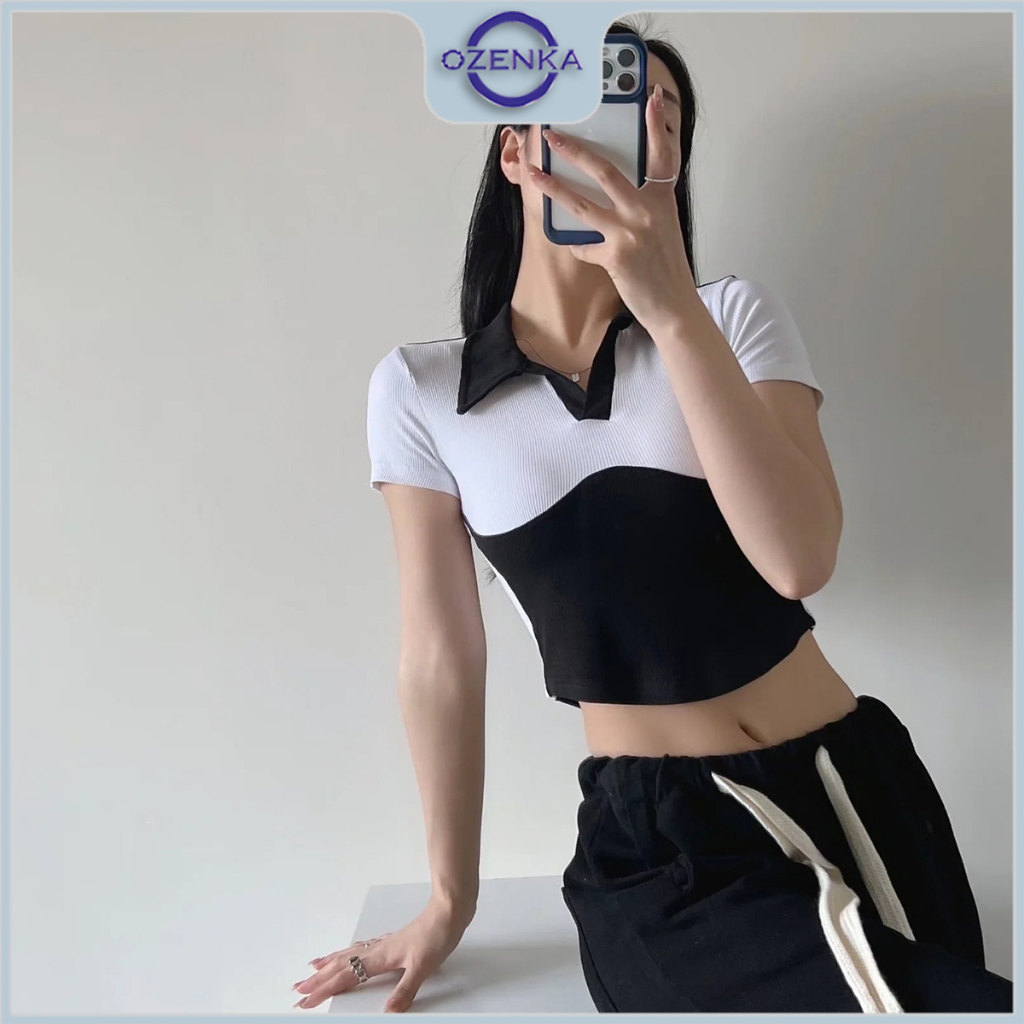Áo croptop nữ polo ôm tay ngắn cải màu Ozenka , áo crt kiểu vạt bầu sang chảnh gợi cảm tôn dáng mặc đi học đi chơi