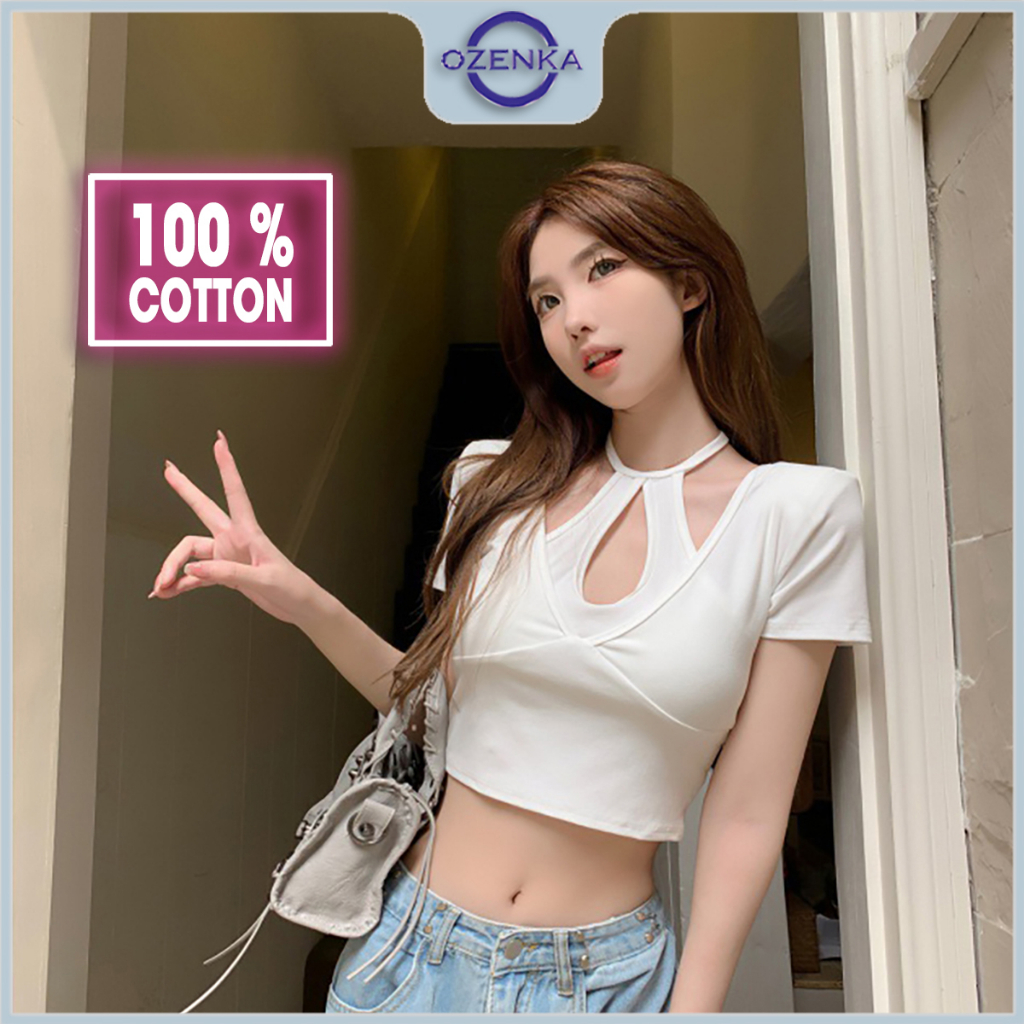 Áo croptop nữ cổ yếm 2 lớp gợi cảm Ozenka , áo crt kiểu tay ngắn thun cotton màu đen trắng dưới 55 kg