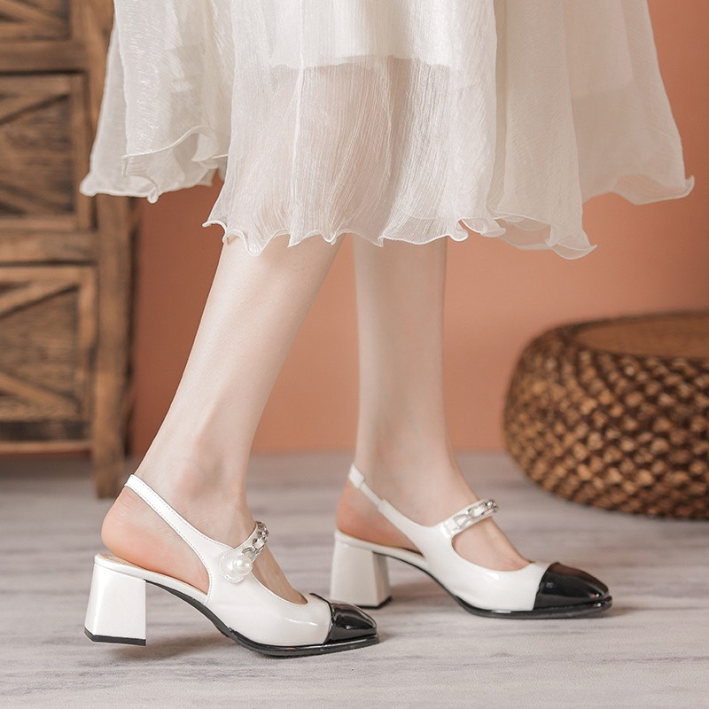 Giày cao gót nữ big size hở gót  mũi tròn quai ngang 40- 44