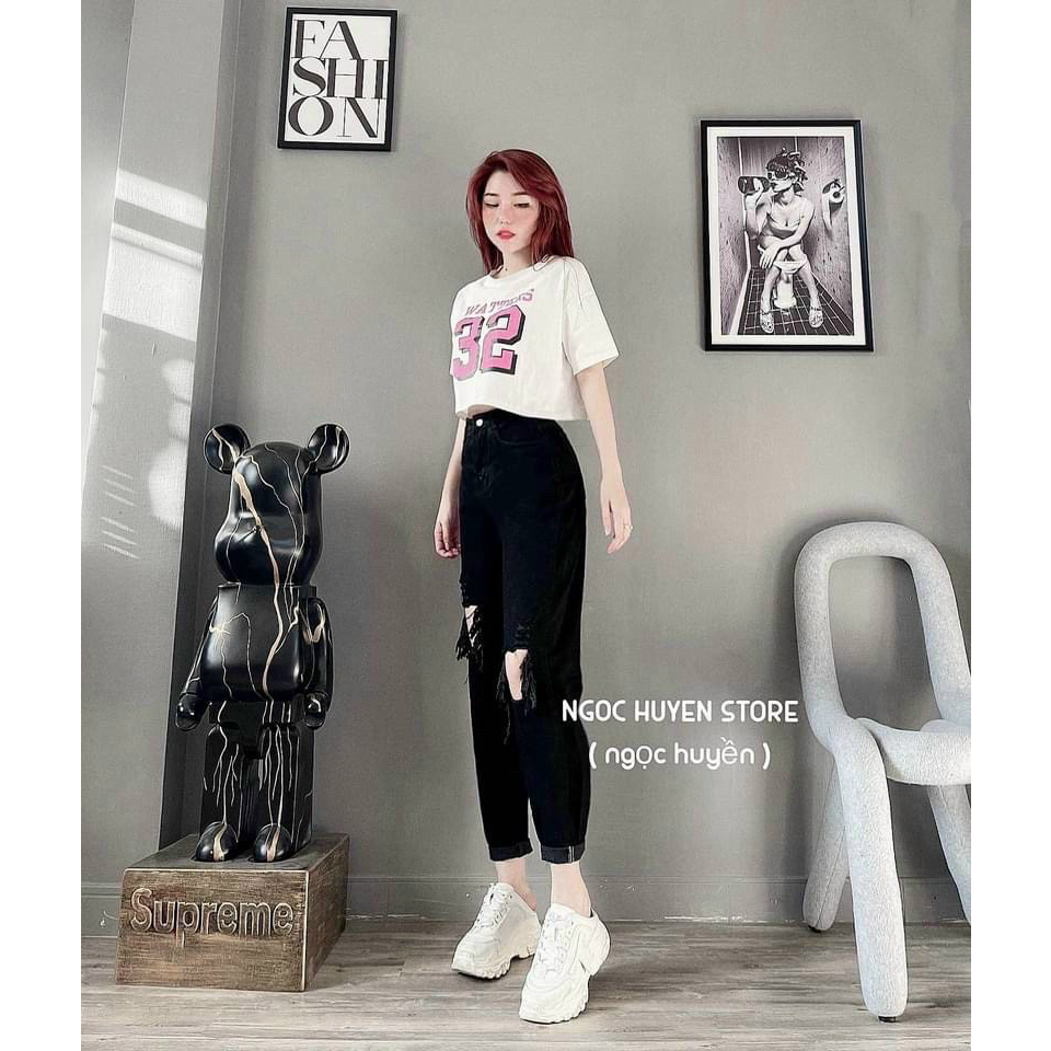Quần baggy jean đen rách gối size sml, mã 45