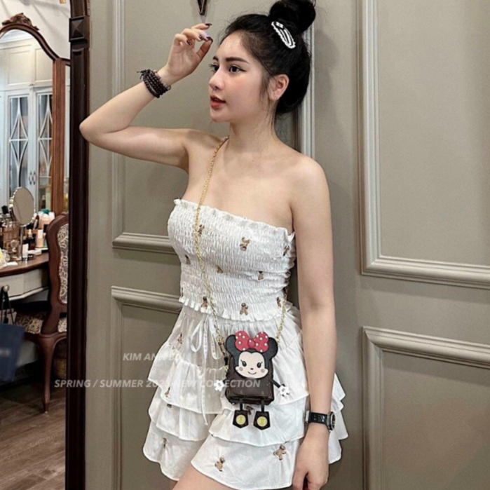 Set đồ nữ dây chun họa tiết gấu thêu nổi cúp ngực xinh xắn thời trang dành cho các nàng đi biển, đi chơi tiểu thư