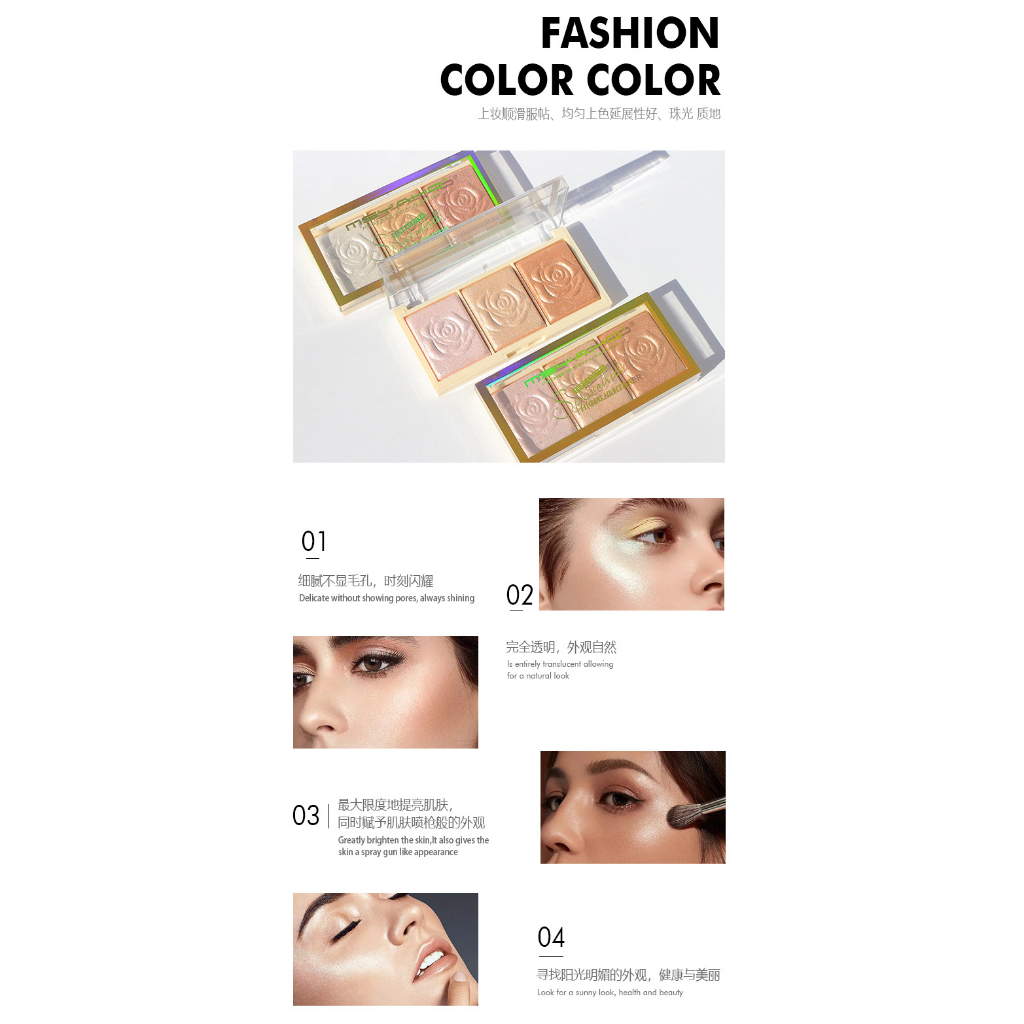 Phấn Phủ Che Khuyết Điểm Và Bắt Sáng Hoa Hồng 3 ô MSYAHO Chất Phấn Siêu Mượt Da