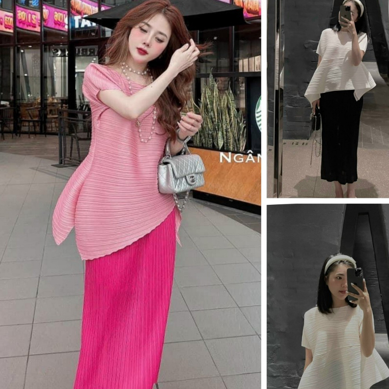 Set bộ đồ nữa áo thun cổ tròn tay ngắn dáng xòe lệch tà xéo mix chân váy midi với hai tone màu hồng , trắng basic