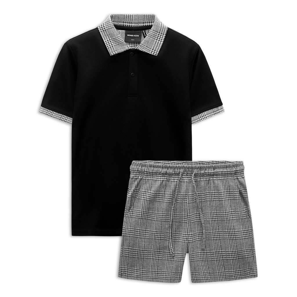 Set Polo Nam Short Black Gray Check, Chất Vải Cotton Blend Thoải Mái, SB0013, SOMEHOW