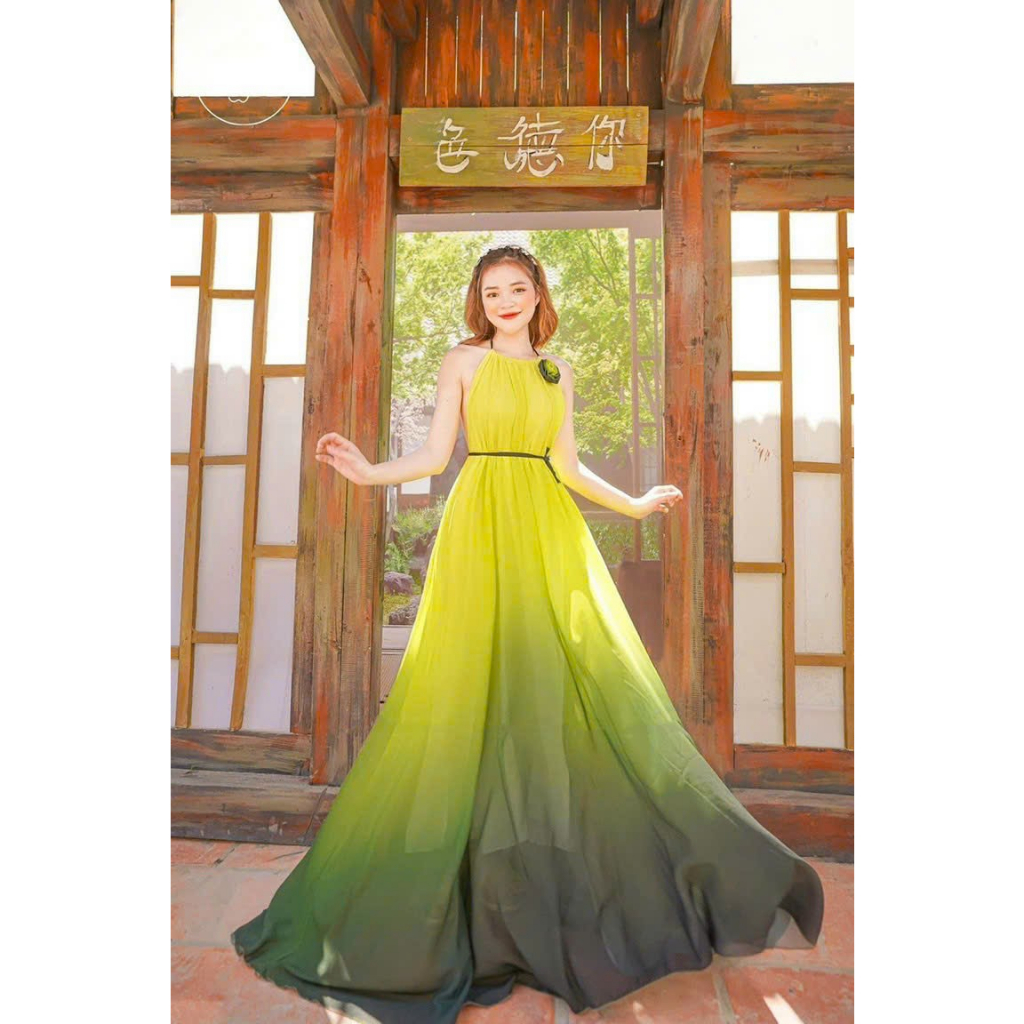 Đầm maxi loang màu hở lưng