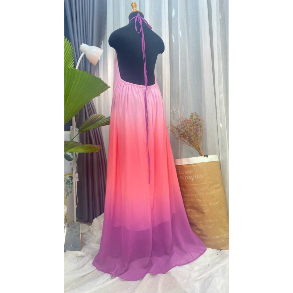Đầm maxi loang màu hở lưng