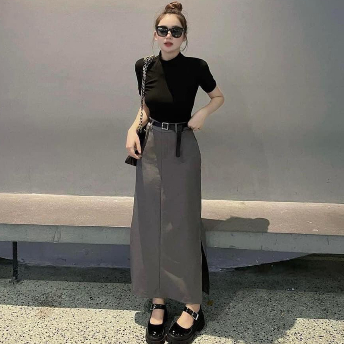Set đồ nữ áo tăm mix chân váy dáng dài kèm dây nịt thời trang basic cá tính sang chảnh, hot trend dành cho các nàng