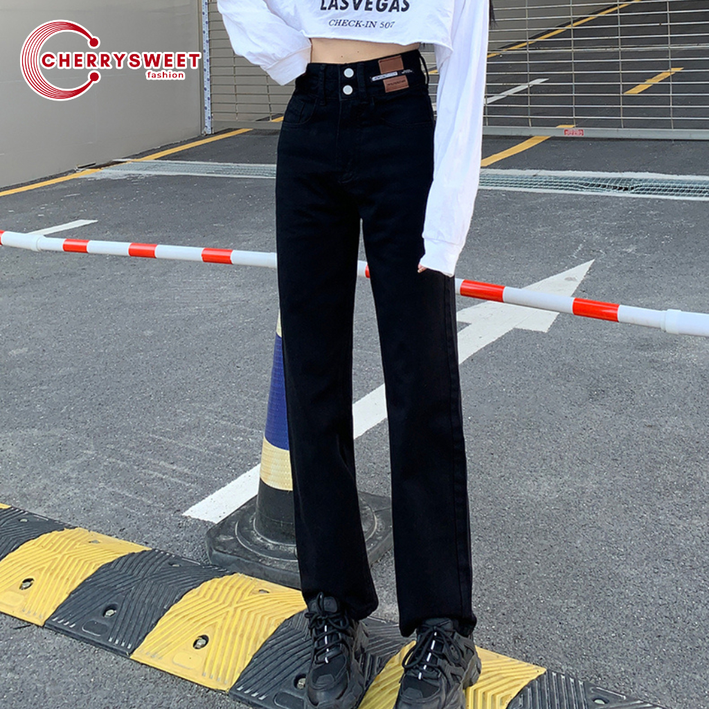 Quần jean nữ ống rộng cạp cao 2 cúc CHERRYSWEET dáng xuông trơn đứng, chất bò xịn cao cấp thời trang Hàn Quốc T070