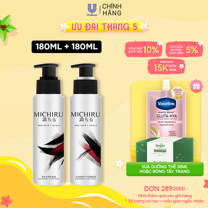 Bộ Gội Xả Michiru Ngăn Gãy Rụng & Làm Dày Tóc Dành Cho Da Đầu Thường Và Khô(Gội 180gr+Xả 180gr)