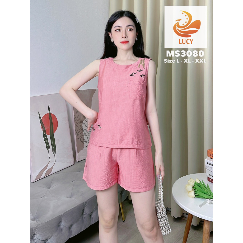Bộ nữ,bộ sát nách quần đùi nữ vải đũi hàn cao cấp siêu tháng mát,nhẹ,co giãn ko phai màu LUCY ms:3080