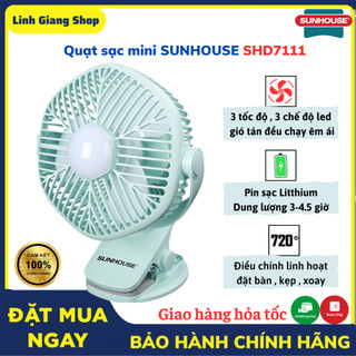 Quạt mini tích điện sunhouse shd7111 chính hãng -quạt sạc mini tích điện pin dùng 4 giờ tích hợp đèn - bảo hành 12 tháng