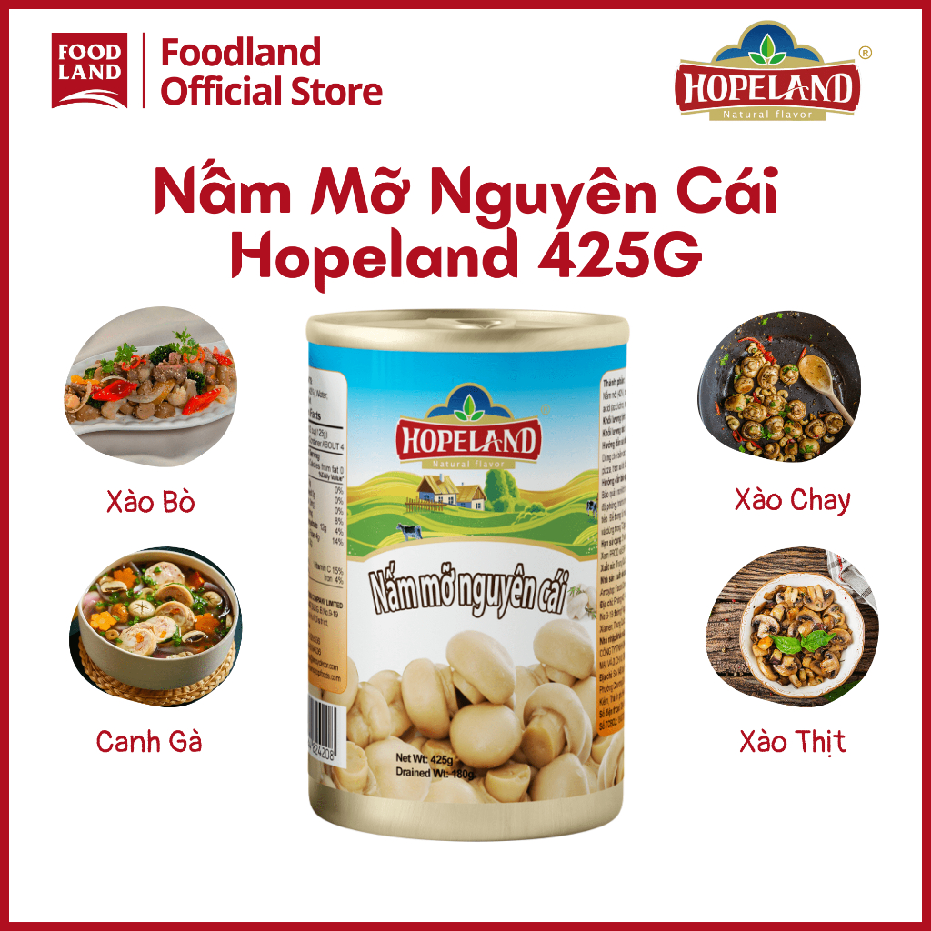 Nấm Mỡ nguyên cái Hopeland 425g - Nấm Mỡ dầy mình, xào, kho - Foodland