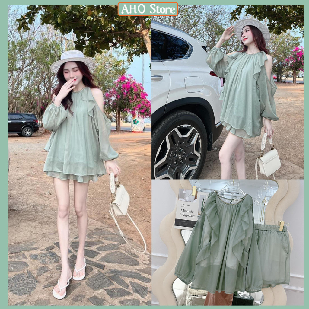 Set Đùi nữ Áo Voan Tơ Bánh Bèo Hở Vai 2 Lớp Mix Quần Đùi Voan Tơ 2 Lớp Freesize