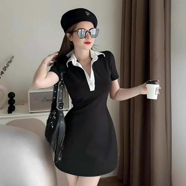 Đầm body dáng ngắn mix cổ áo somi chất thun gân tăm kiểu dáng basic thời trang dành cho các nàng đi chơi, du lịch