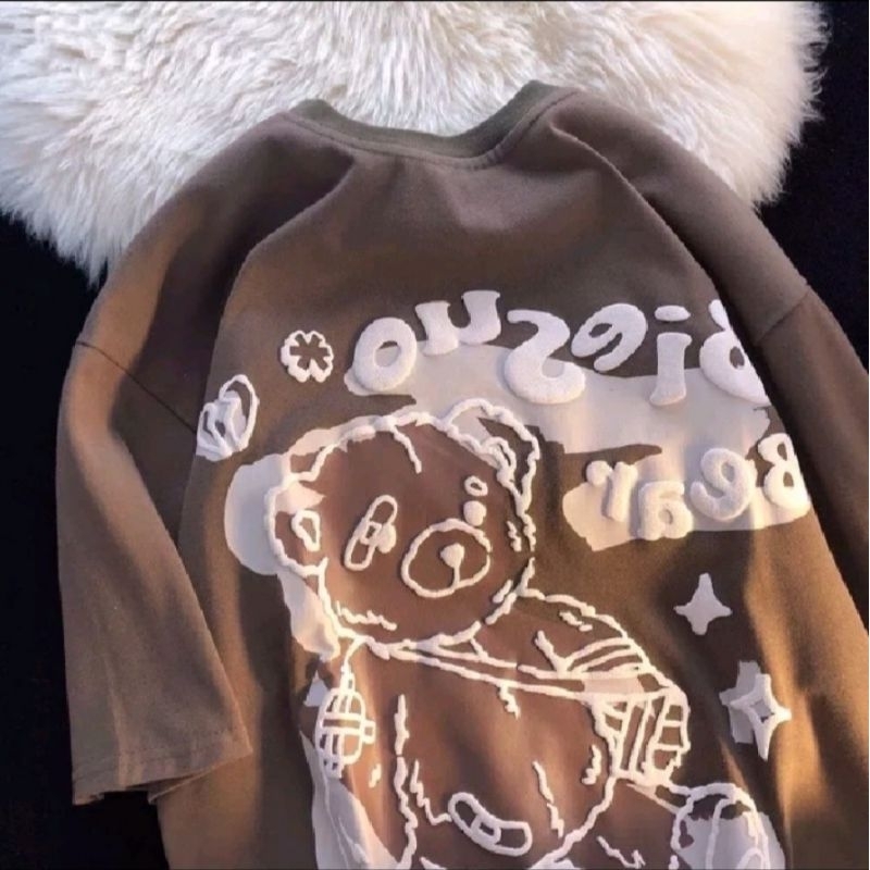 Áo phông nam nữ tay lỡ, Áo thun in hình chú gấu BLES chất cotton su from rộng túi zip.