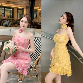 [Tặng vòng cổ] Đầm 2s vải hoa hồng xoắn nổi đuôi xếp li siêu sang