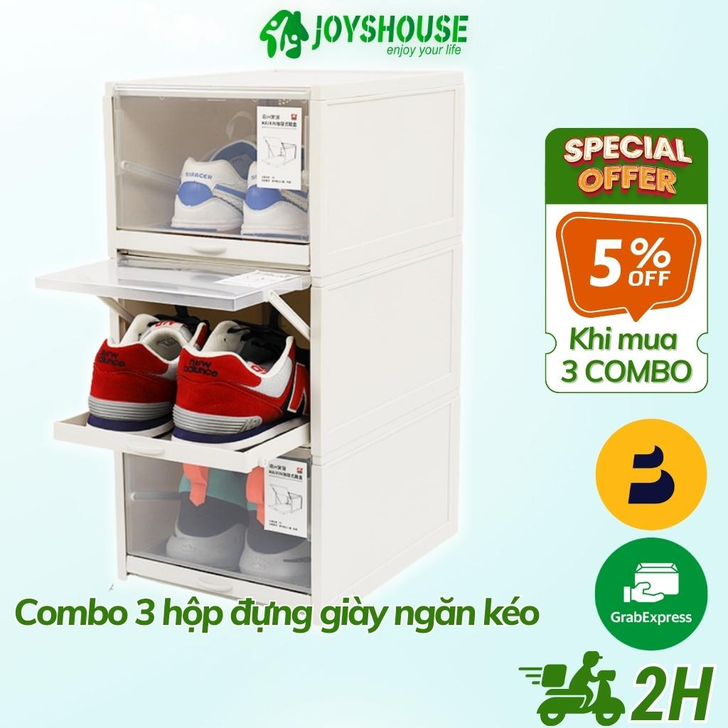 Hộp đựng giày có ngăn kéo thông minh bằng nhựa cứng JOYSHOUSE combo 3 hộp size rộng có thể xếp chồng thành tủ đựng giày
