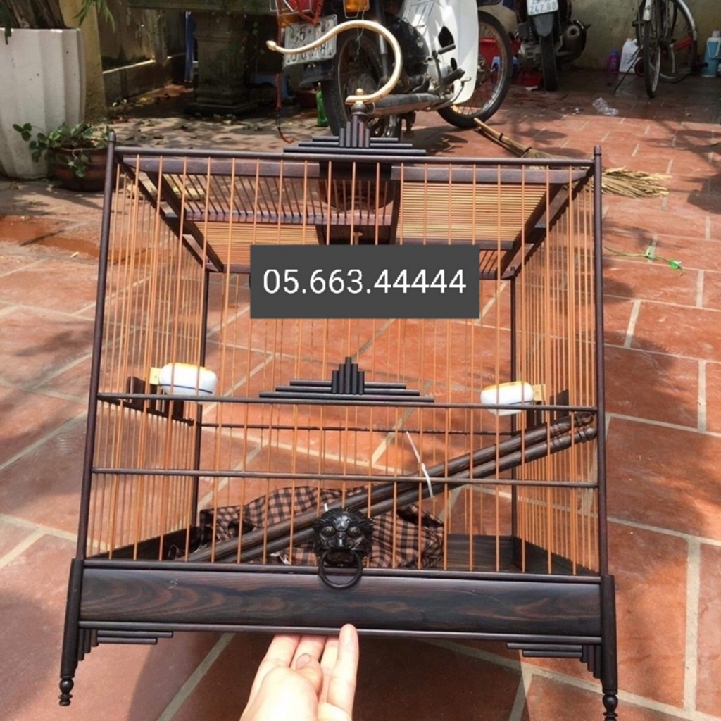Lồng chim Chào mào gỗ Mun Vuông đấu, Thái đấu báng súng, Hàng kỹ Huế. Vuông 36cm, 19 nan