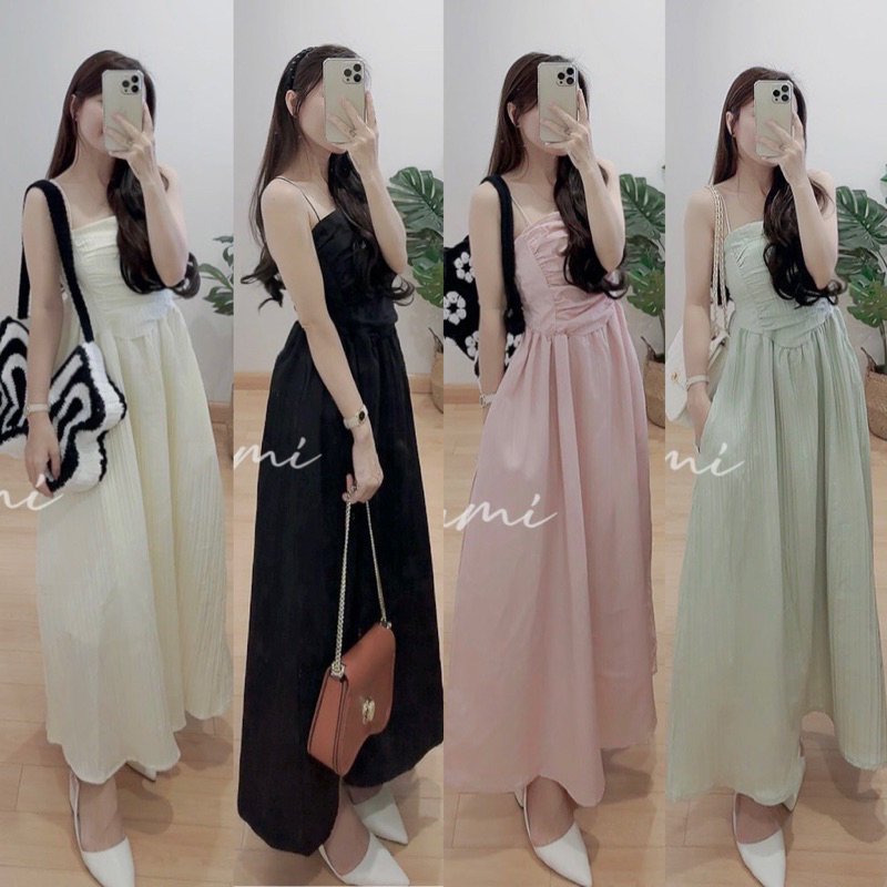 Đầm ống xoè 2s bún mỏng xếp li nhẹ trước có chun sau lưng 2 lớp có túi 4 màu freesize Pumi 14464