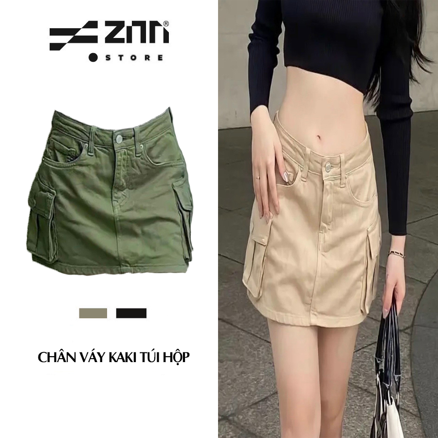 Chân váy cargo kaki túi hộp, quần váy khuy sắt phong cách Hàn Quốc CVK002